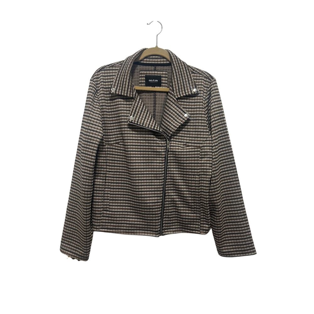 Ookie & Lala Brown Houndstooth Collar Zipper Knit Academia Career Jacket XL NWT